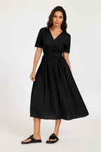 Button Front Short Sleeve Midi Dress In Black