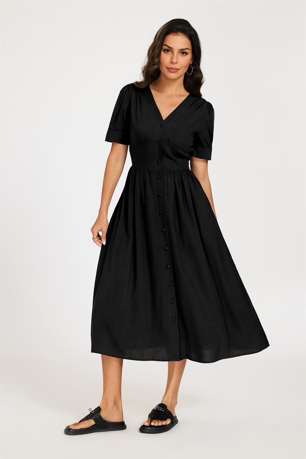 Button Front Short Sleeve Midi Dress In Black