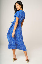 Hem Frill Detail Little Floral Print Wrap Dress In Blue