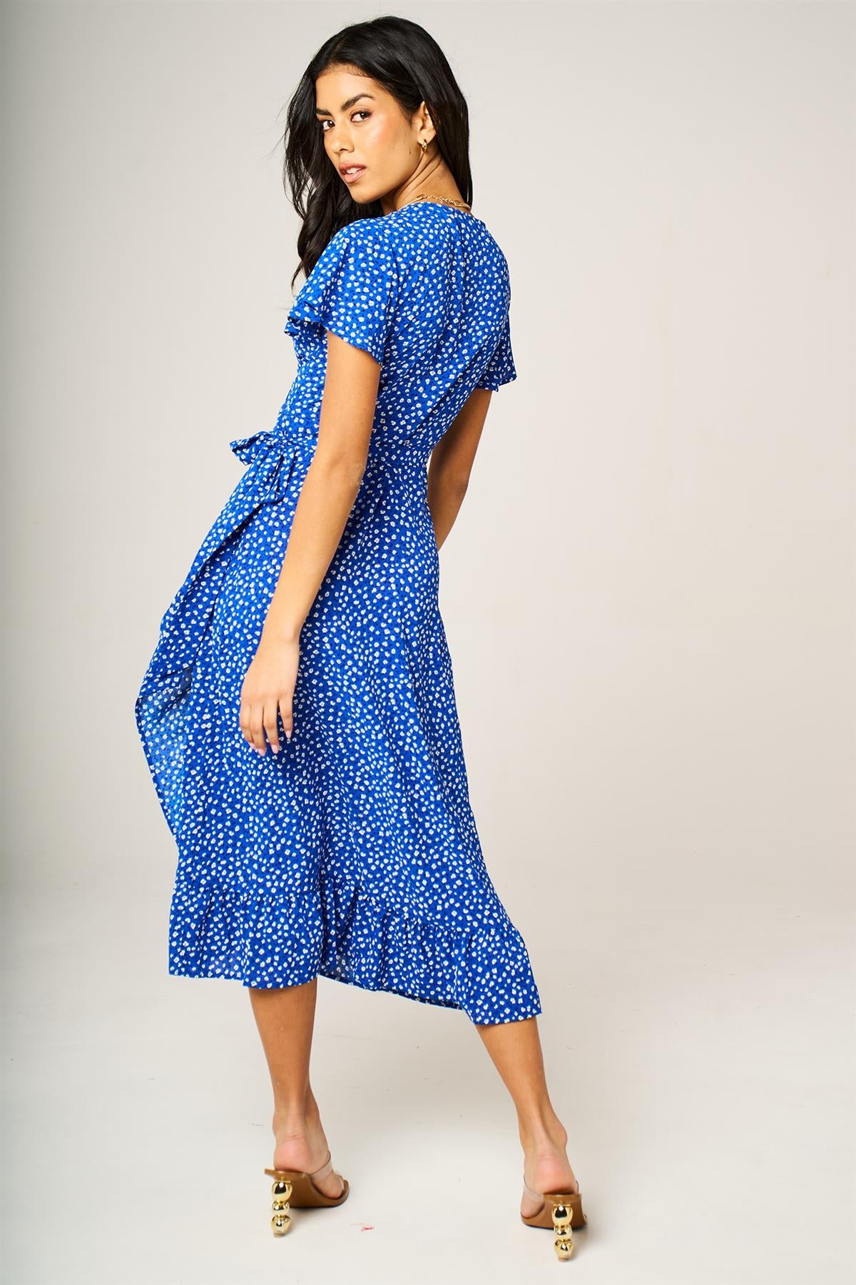 Hem Frill Detail Little Floral Print Wrap Dress In Blue