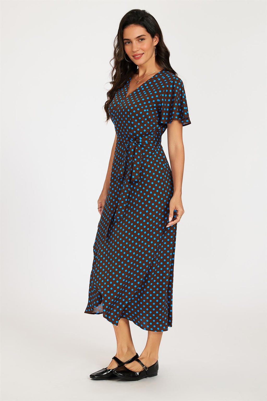 Brown & Blue Polka Dot Print Wrap Maxi Dress