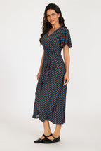 Brown & Blue Polka Dot Print Wrap Maxi Dress