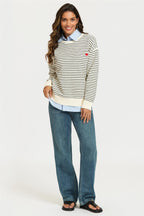 Little Heart Embroidery Stripe Pattern Jumper Top In White