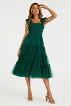 Sleeveless Smocked Ruffle Tulle Dress In Forest Green