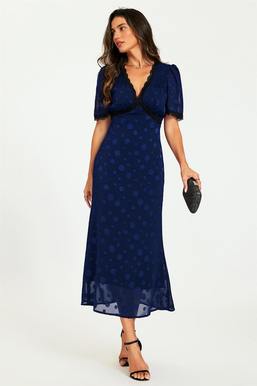 Polka Dot Jacquard Lace Trim Midi Dress In Navy