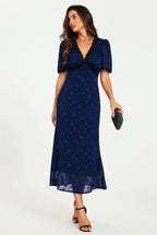 Polka Dot Jacquard Lace Trim Midi Dress In Navy