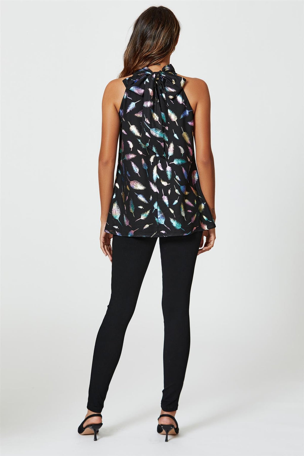 Rainbow Leaf Foil Star Halter Neck Tie Back Top In Black