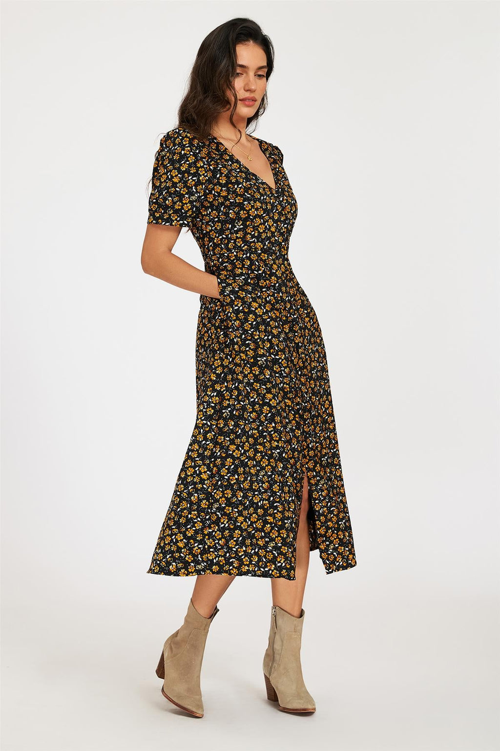 Floral Print Button Front Puff Sleeve Midi Dress In Black