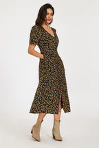 Floral Print Button Front Puff Sleeve Midi Dress In Black