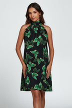 Butterfly Print Halter Neck Tie Back Mini Dress In Green