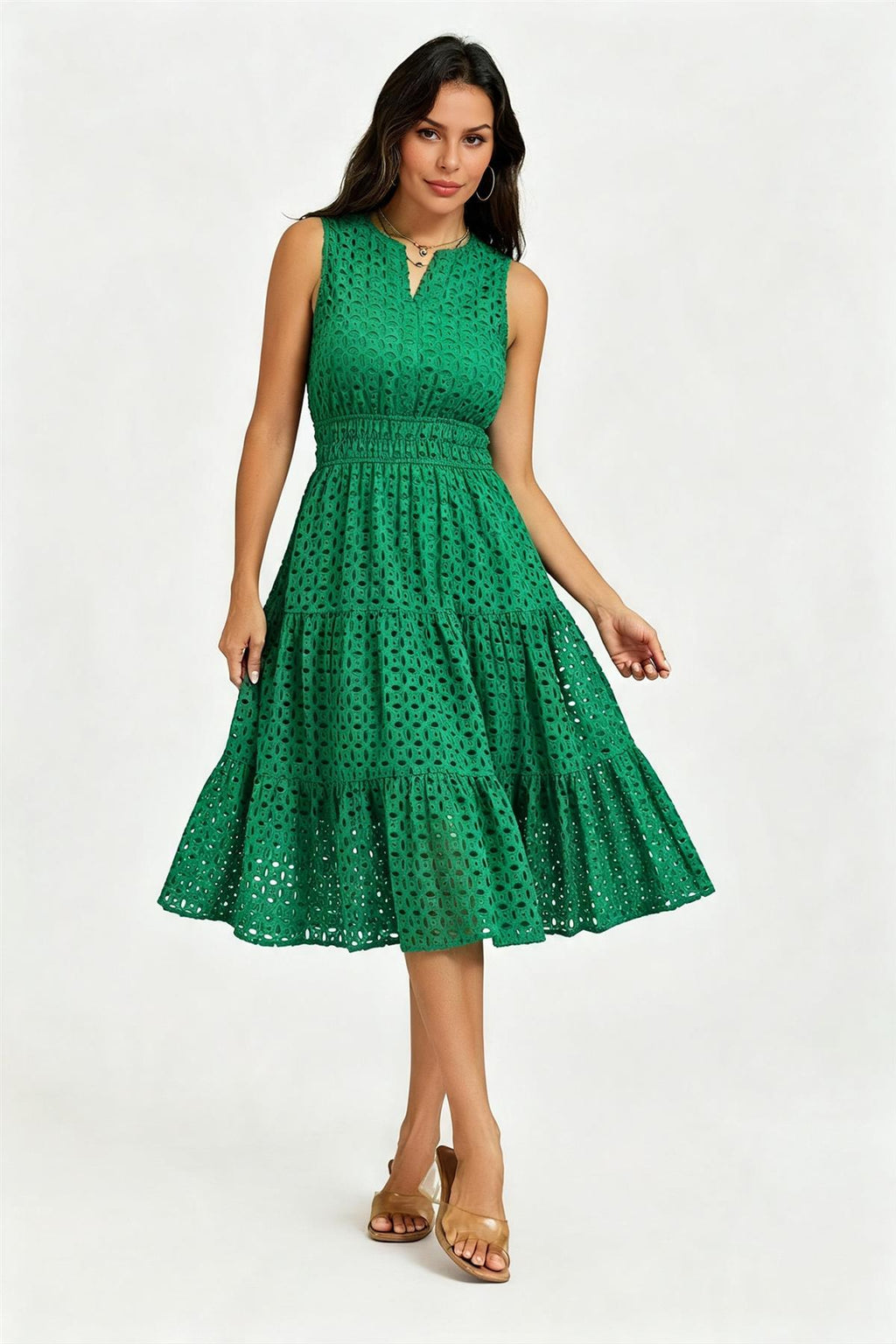 Sleeveless Broderie Anglaise Midi Dress In Green