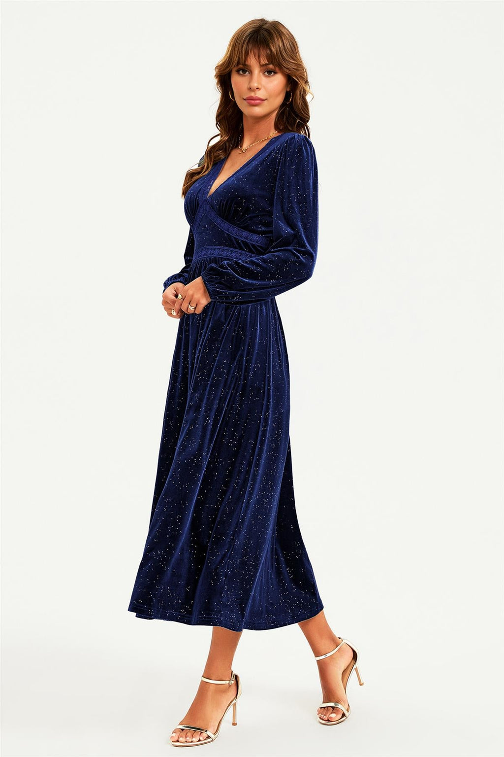 Silver Foil Velvet Lace Trim Neckline Midi Dress In Navy