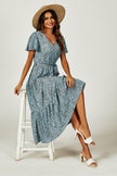 Leopard Print Hem Tiered Wrap Midi Dress In Blue