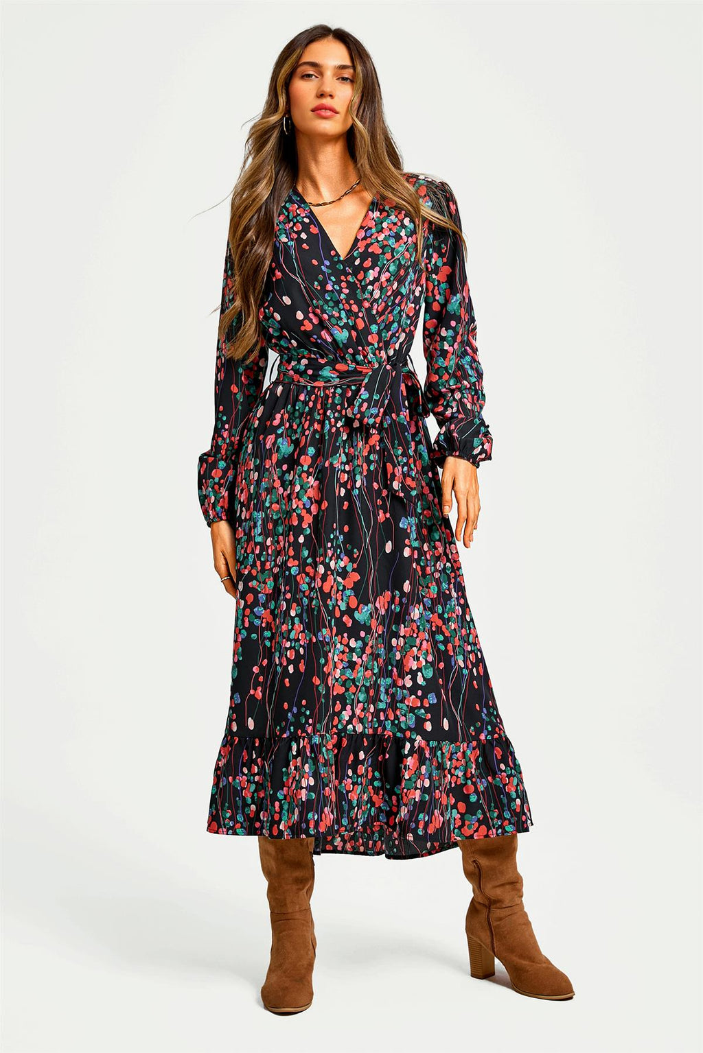 Abstract Floral Print Long Sleeve V Neck Wrap Top Midi Dress In Black