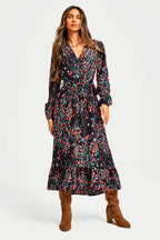Abstract Floral Print Long Sleeve V Neck Wrap Top Midi Dress In Black