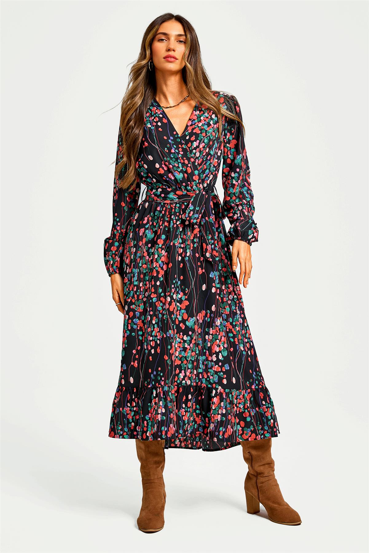 Abstract Floral Print Long Sleeve V Neck Wrap Top Midi Dress In Black