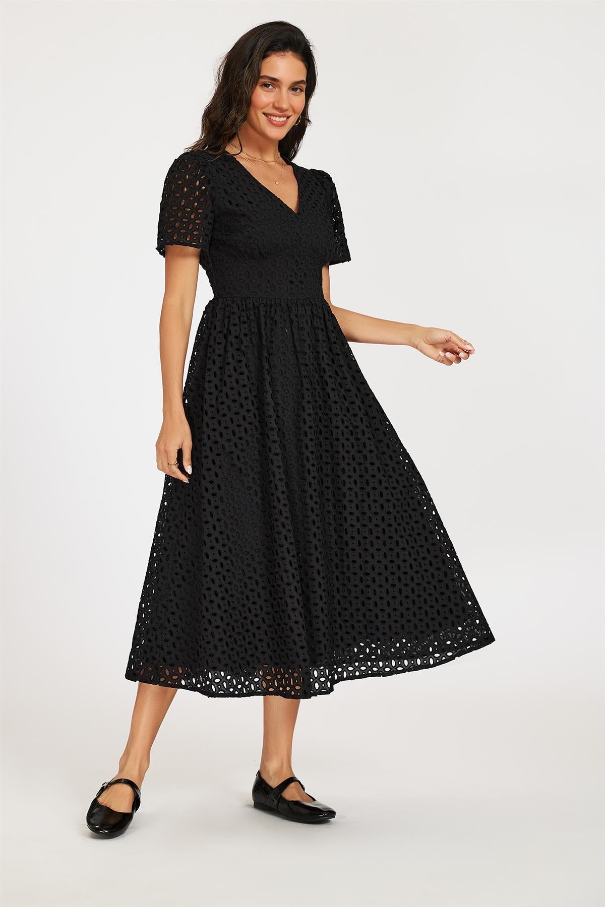 Broderie Anglaise Midi Dress In Black