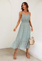 Leopard Print Button Detail Strappy Maxi Dress In Green