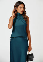 Satin Halter Neck Tie Back Top In Teal