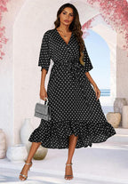 Polka Dot Print Wrap Top Kimono Sleeve Maxi Dress In Black