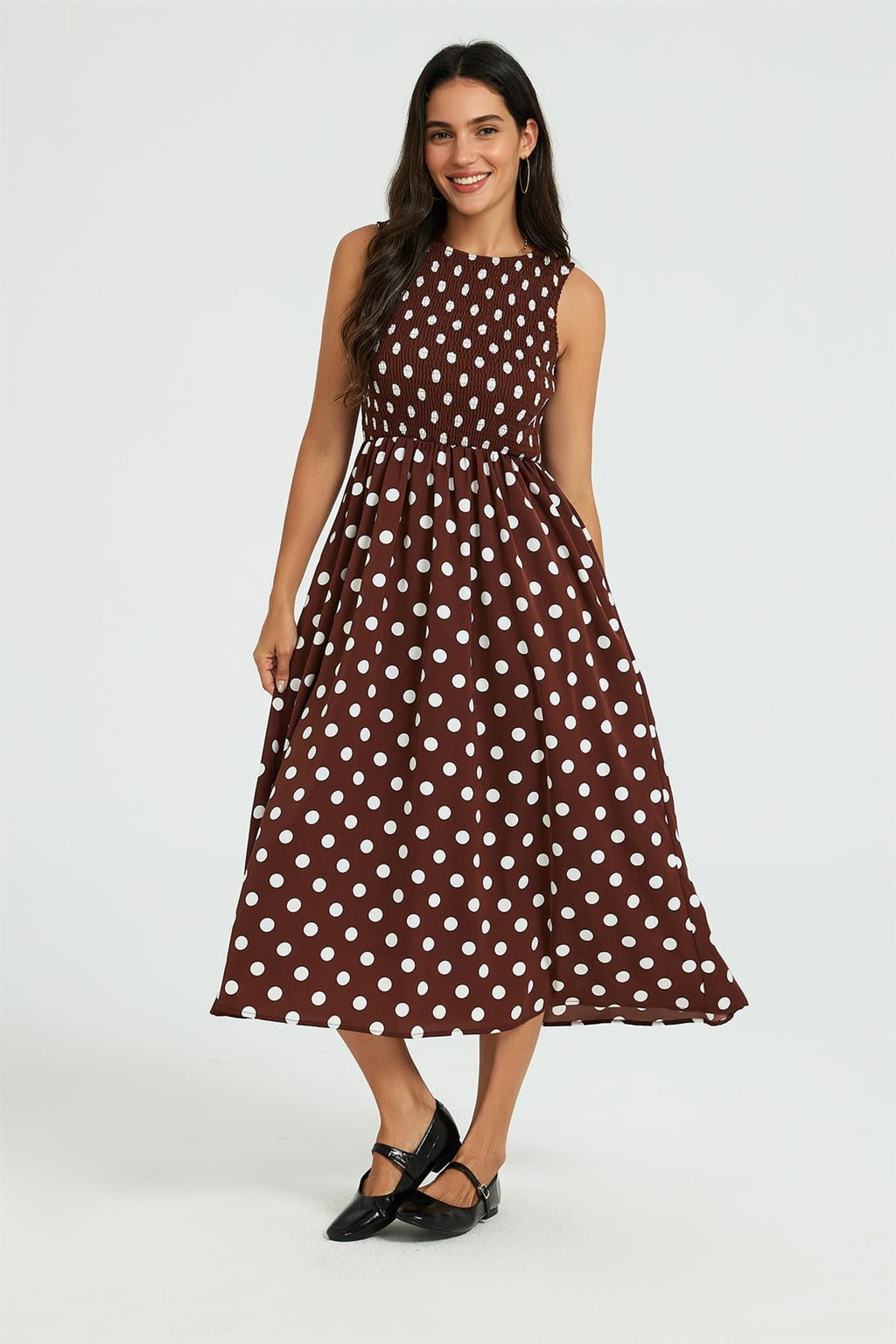 Dot Print Tie Back Sleeveless Shirred Top Midi Dress Brown
