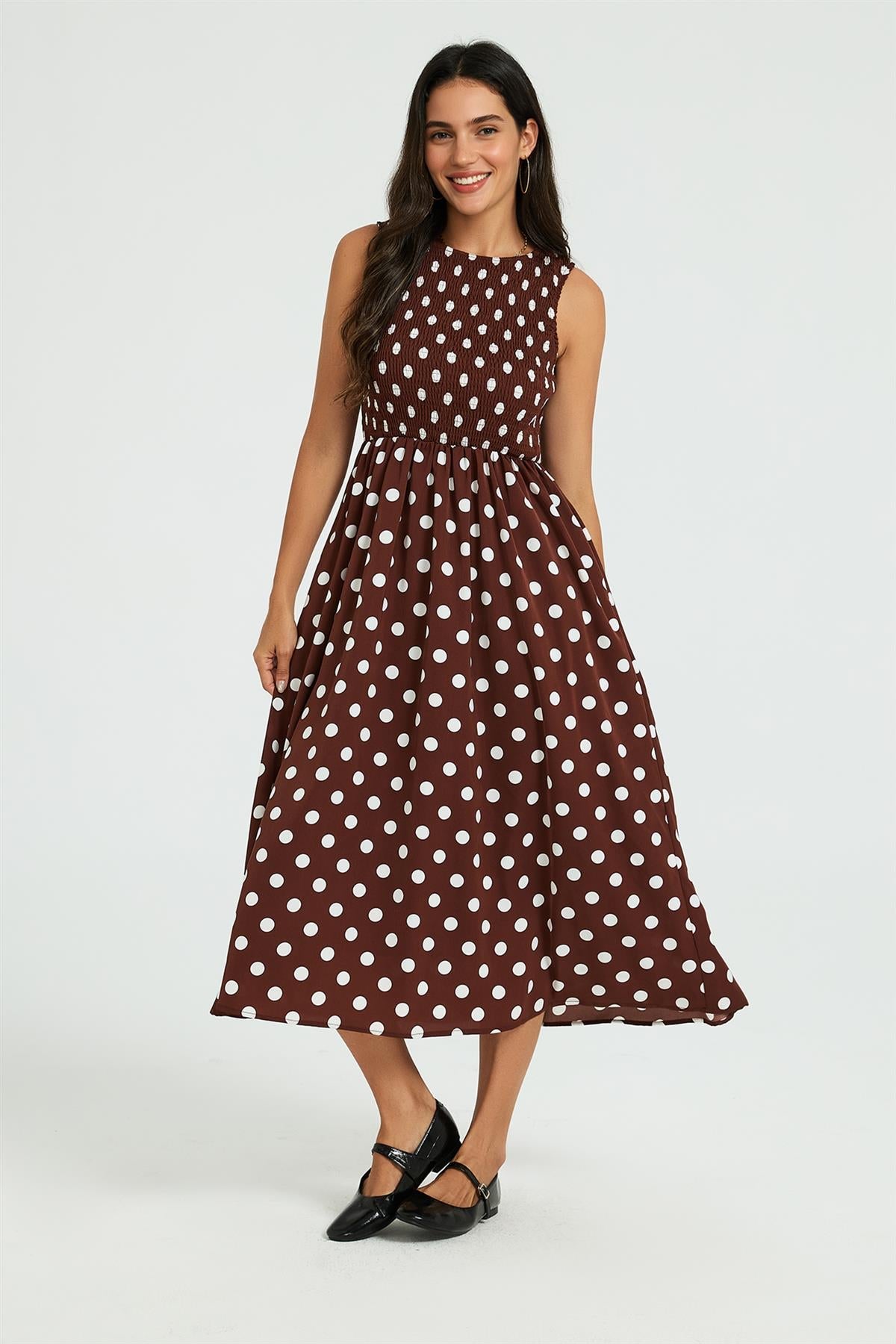 Dot Print Tie Back Sleeveless Shirred Top Midi Dress Brown