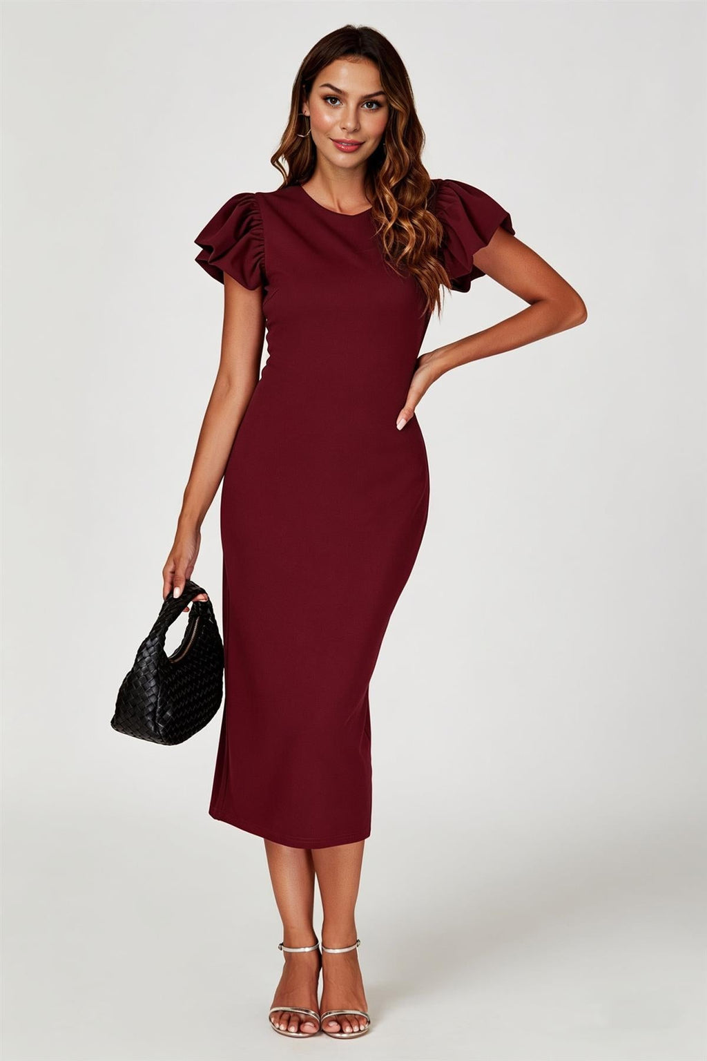 Volume Sleeve Bodycon Midi Dress In Burgundy