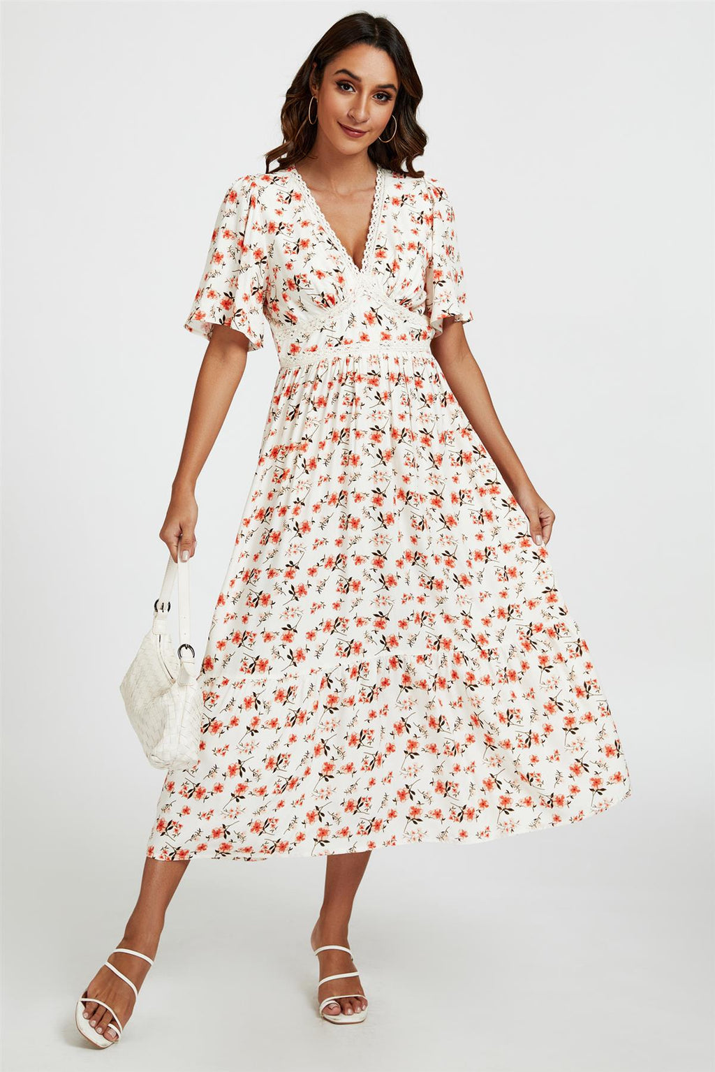 Red Floral Print Lace Detail Angel Sleeve Midi Dress In Cream