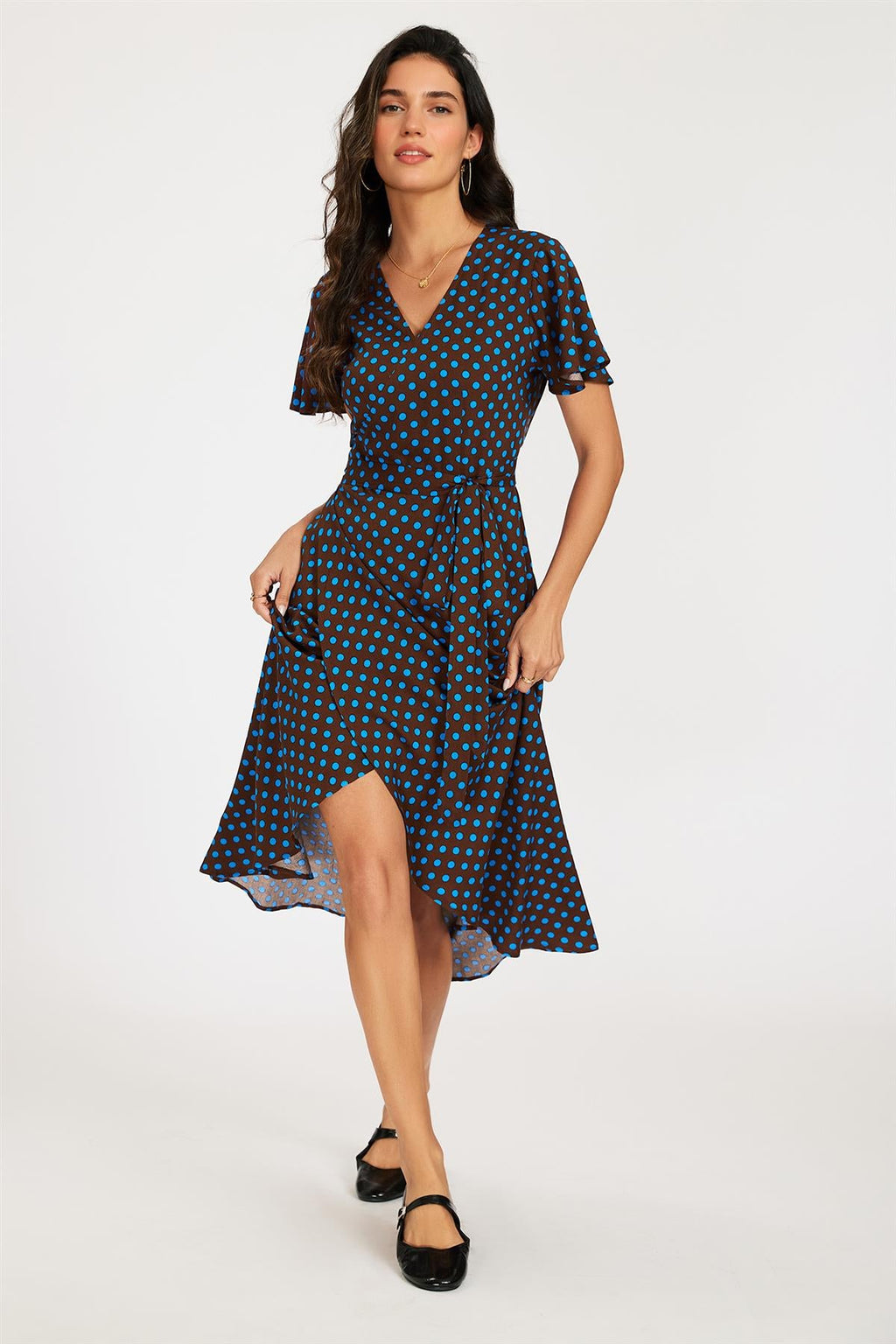 Brown & Blue Polka Dot Print Wrap Maxi Dress