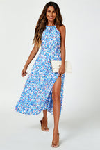 Tie Halterneck Floral Print Split Maxi Dress In Blue
