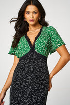 Black Dot & Green Floral Print Angel Sleeve Maxi Dress