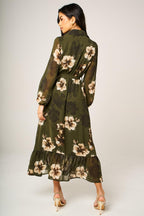 Large Floral Print Hem Detail Shirt Midi Dress With Tie Waist In Olive Green