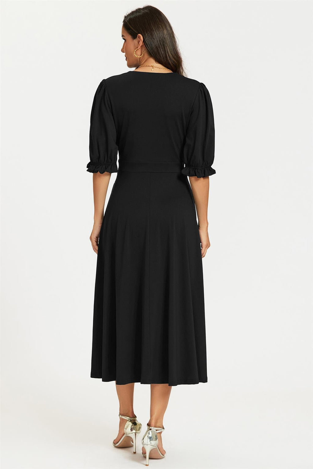 Half Sleeves Jersey Midi Dress with Wrap Neckline In Black