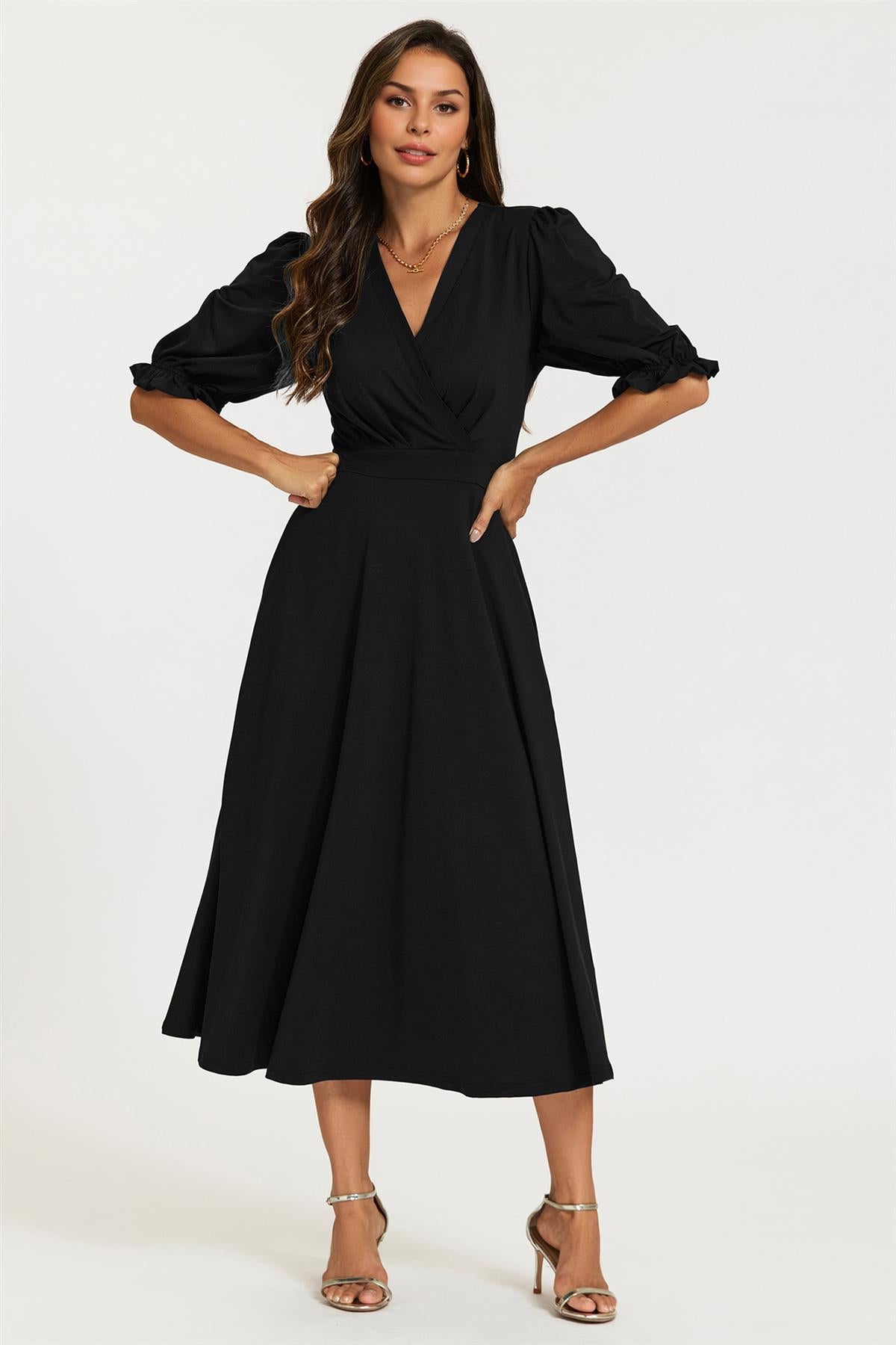 Half Sleeves Jersey Midi Dress with Wrap Neckline In Black