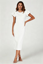Volume Sleeve Bodycon Midi Dress In White
