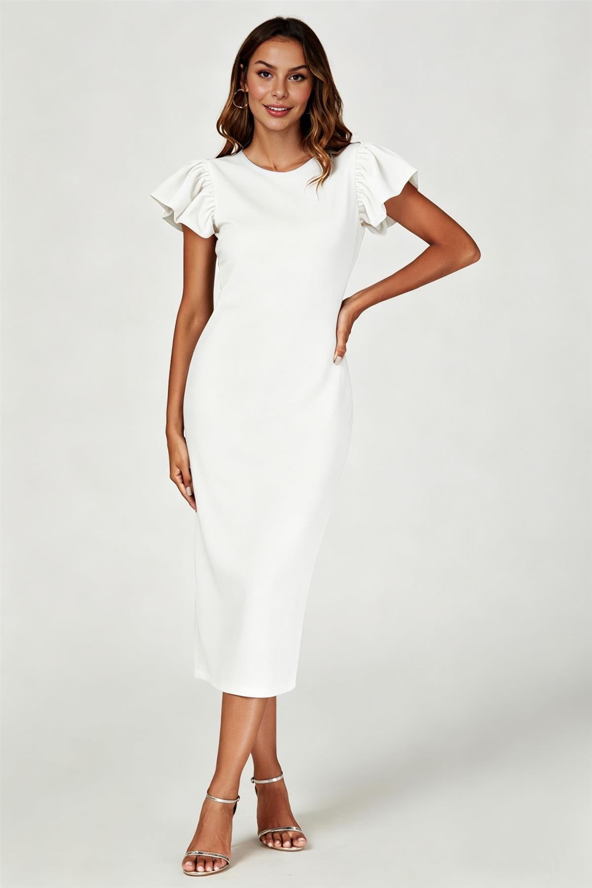Volume Sleeve Bodycon Midi Dress In White