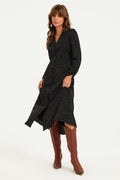Dot Print Long Sleeve Button Front Midi Dress In Black