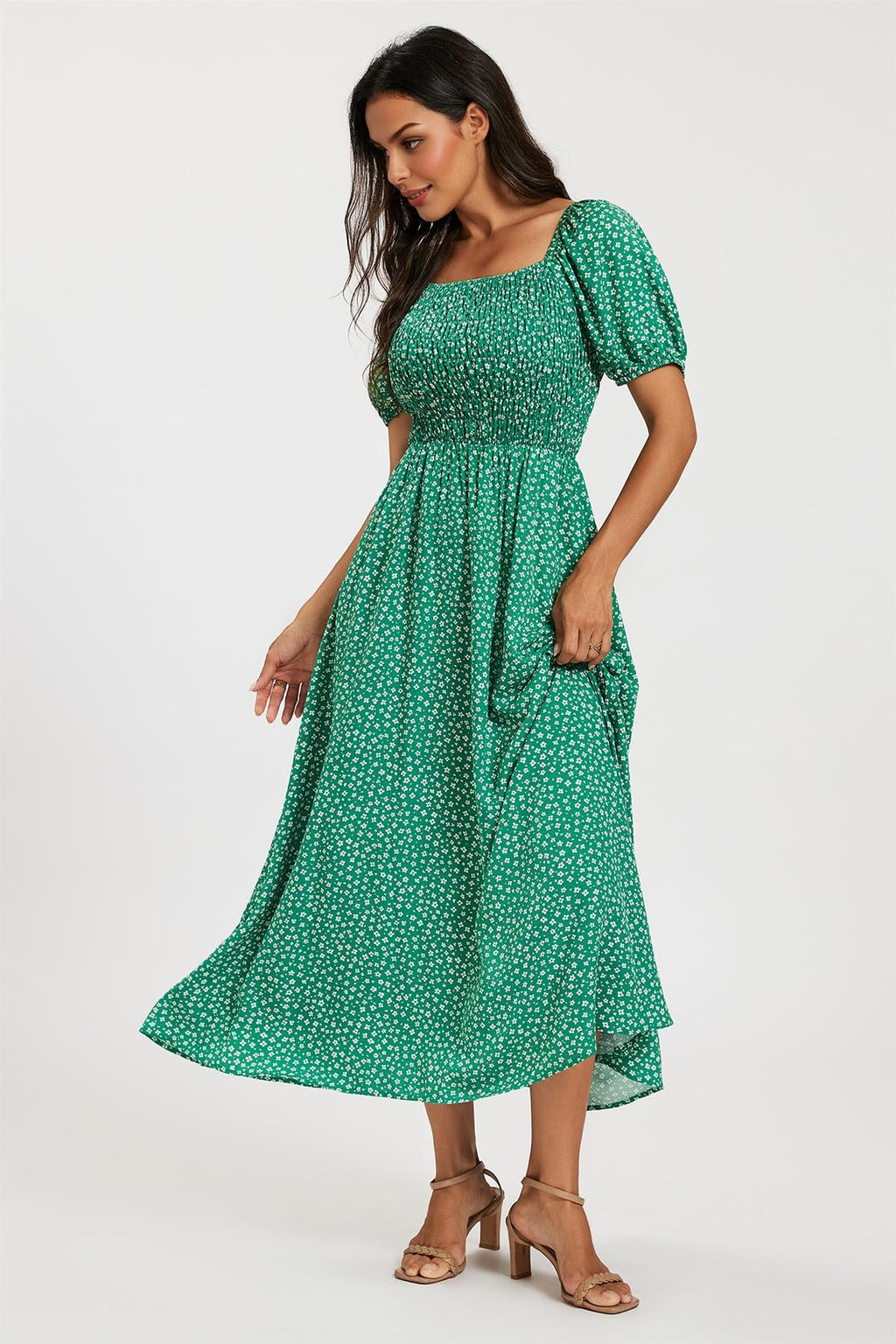 Floral Print Short Sleeve Midi Dress In Green