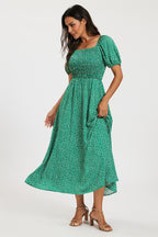 Floral Print Short Sleeve Midi Dress In Green