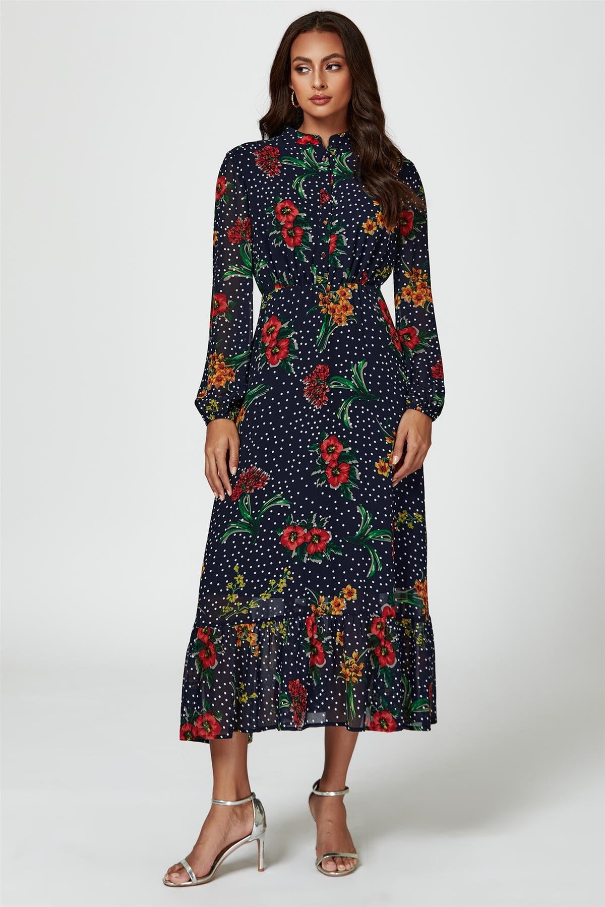 Robe longue à imprimé floral à pois marine