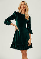 Velvet Frill Detail Mini Dress In Green