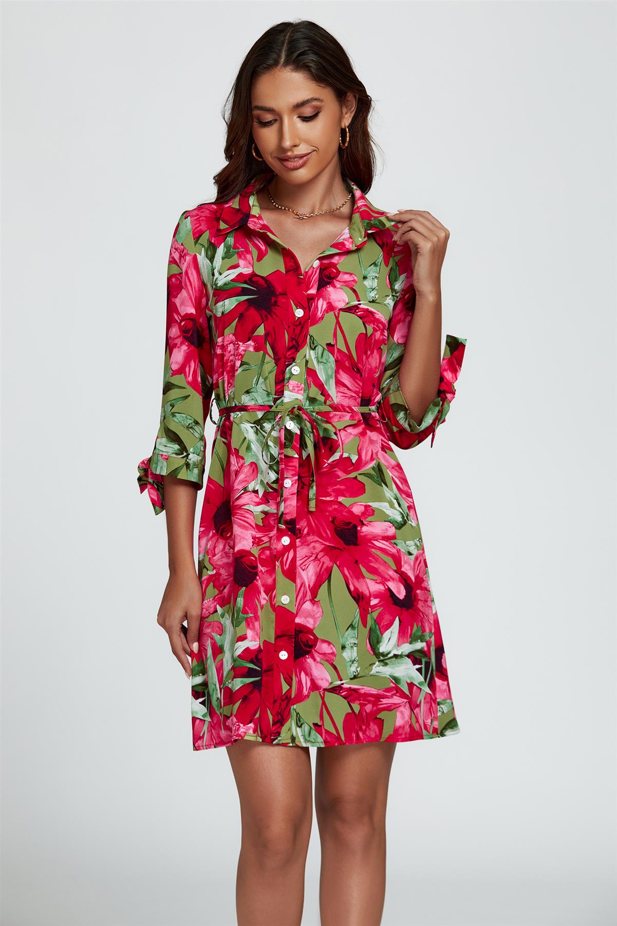Floral Print Shirt Mini Dress In Red