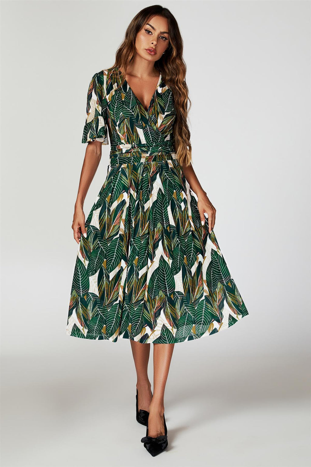 Leaf Print Mesh Midi Dress In Green
