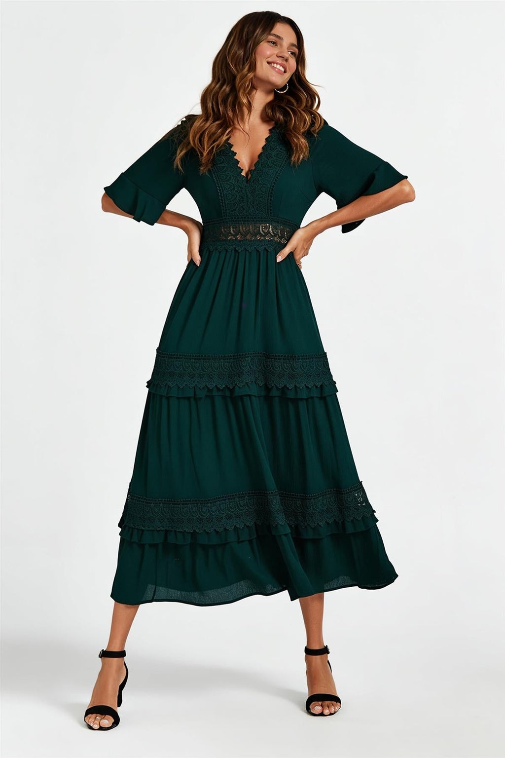 V Neck Lace Detail Midi Dress In Forest Green