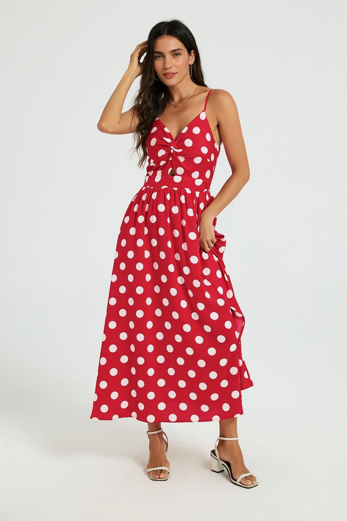 Dot Print Knot Front Midi Dress In Red
