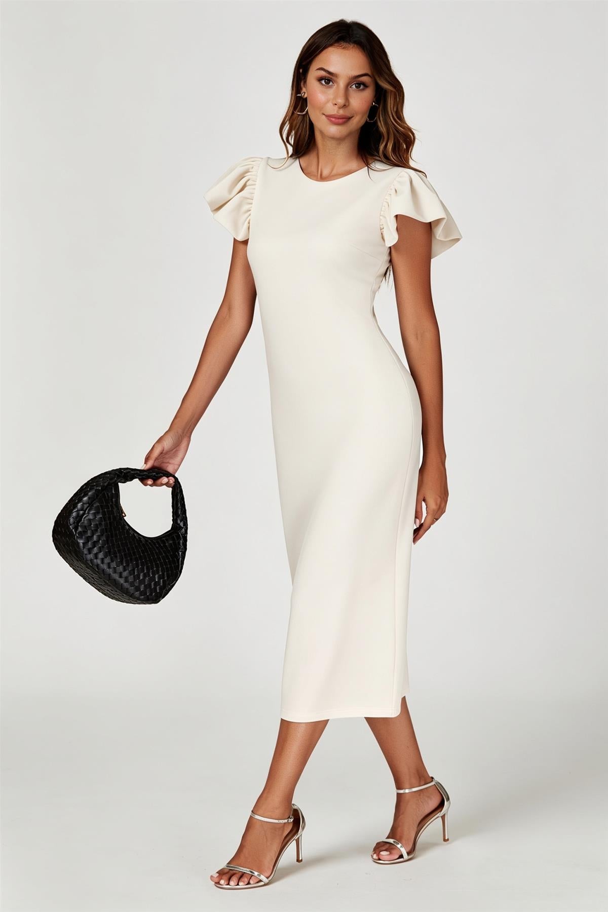Volume Sleeve Bodycon Midi Dress In Off White