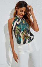 Leaf Print Halter Neck Tie Back Top In Green