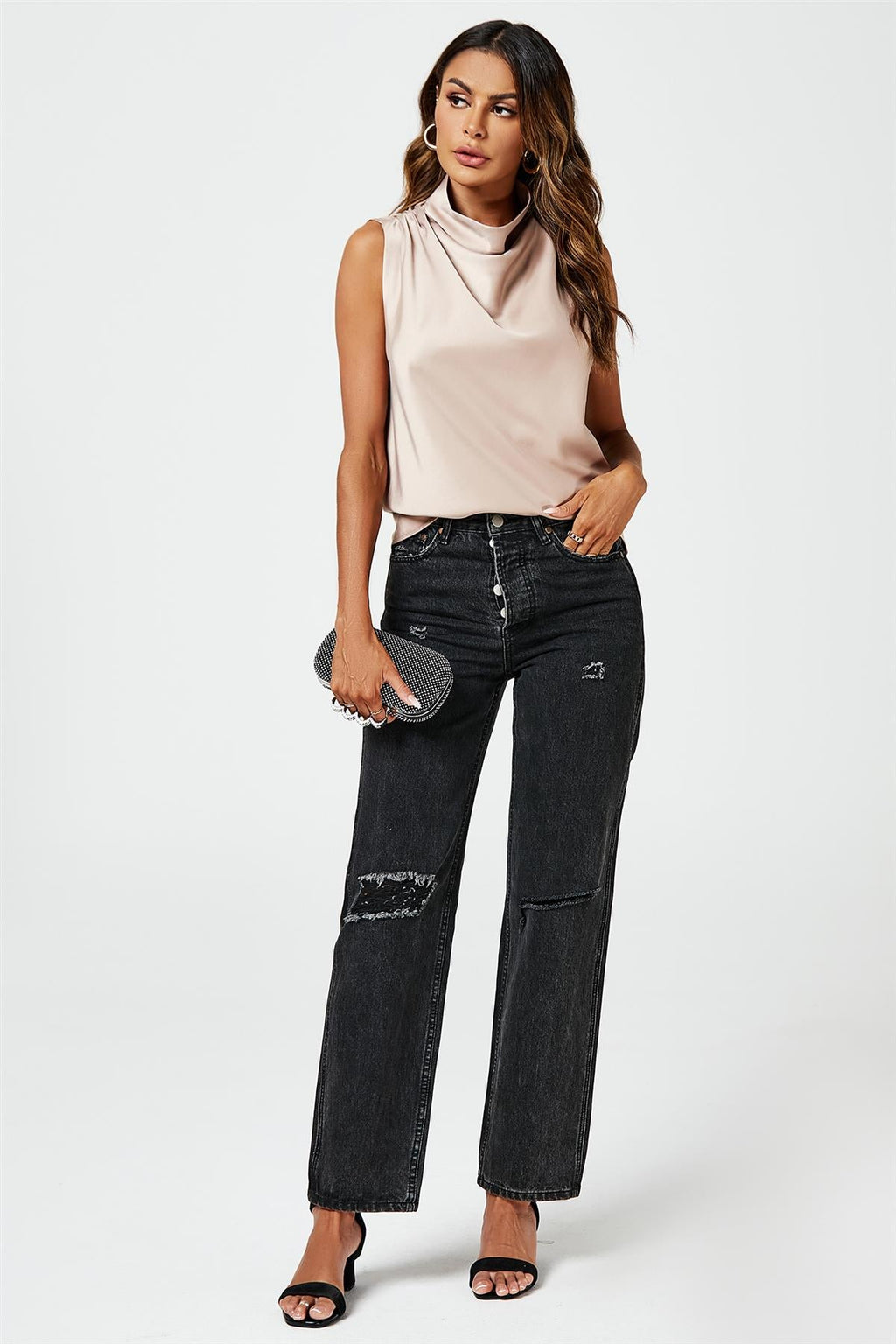Satin High Neck Sleeveless Blouse In Light Brown