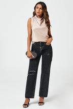 Satin High Neck Sleeveless Blouse In Light Brown