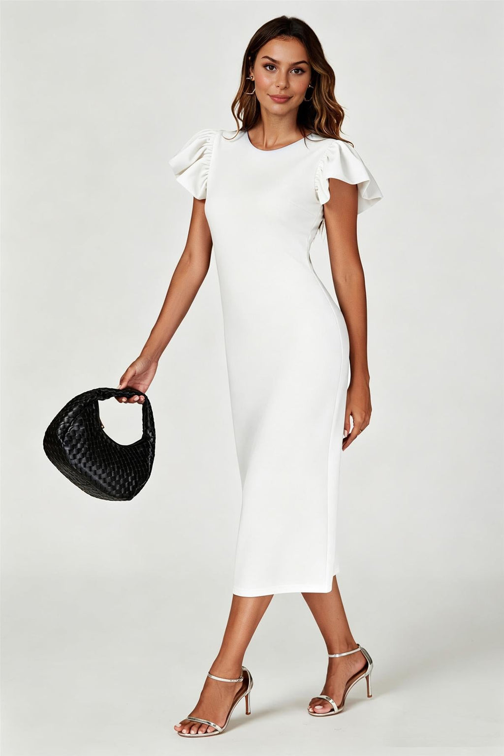 Volume Sleeve Bodycon Midi Dress In White